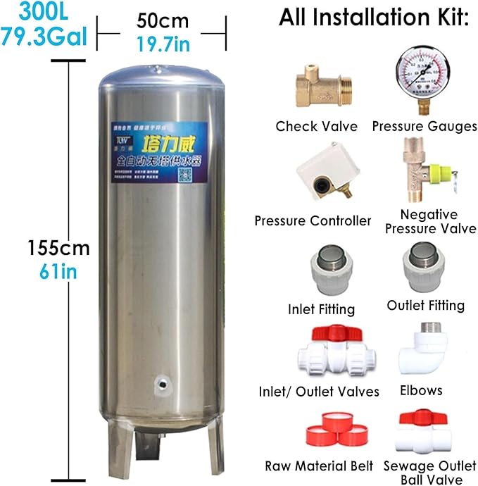 Pressurized Water Tank Well Pressure Tank 60gal 50gal 40gal 26gal Deep Well Pressure Tank with Installation Kit, Home/Garden Water Storage Tanks Pressurized Stainless Steel for Well Pump(135x50cm/53x1