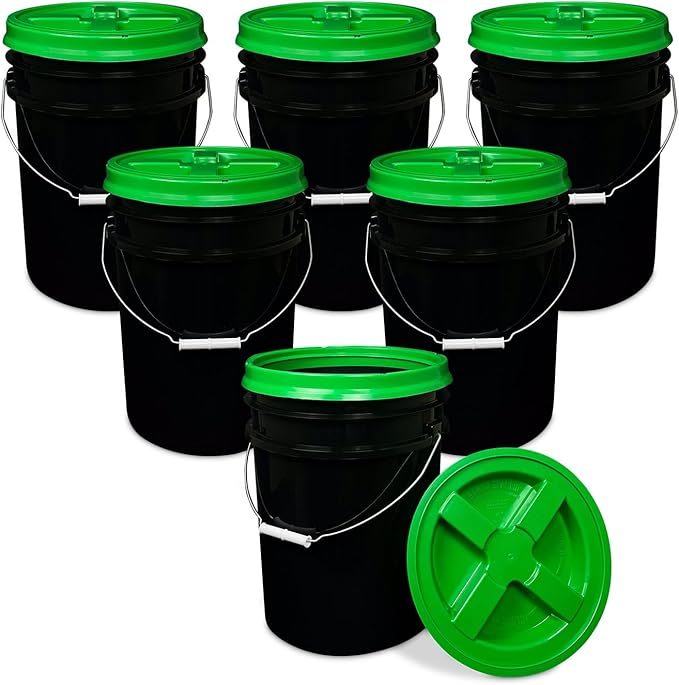ePackageSupply 5 Gallon Bucket - Food Grade Bucket with Airtight Gamma Seal Screw-On Lid, BPA-Free, Heavy-Duty 90 Mil HDPE Plastic, Bulk Storage, Durable Container, Made in USA, Black/Green, 6 Packs
