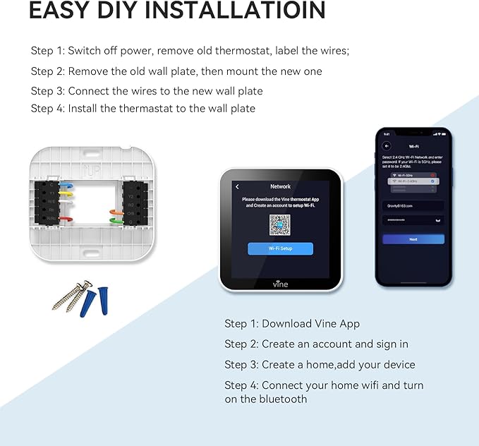 vine Programmable Thermostat for House with 4.0" Touch Screen, WiFi Smart Home Thermostat for AC and Heating, App/Voice Control, Valentine's Day Decorations, C-Wire Required, Grey