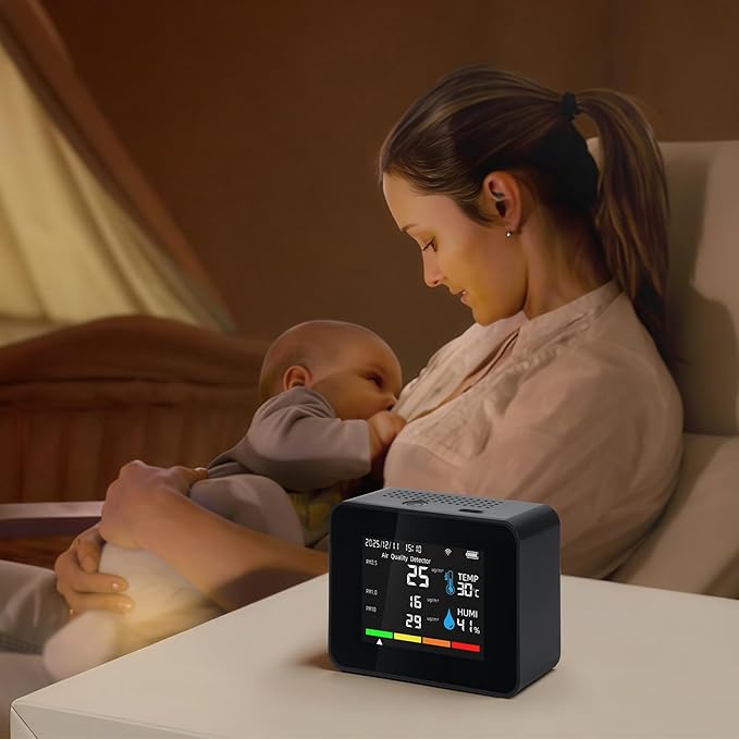 Smart Air Quality Monitor, Indoor Air Quality Meter with HCHO, CO2, PM2.5 PM10,PM1.0, TVOC, AQI, Temperature & Humidity,Time&Date,Alarm, 1-Year Data Storage, App Control for Home & Office