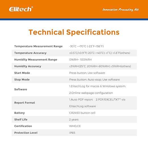 Elitech WHO PQS Certificated 10 Pack 120 Days Temperature Humidity Data Logger with Light Sensor Single-Use Cold Chain Monitor (CCM) Temperature Recorder with PDF Report 16000 Points LogEt1-TH