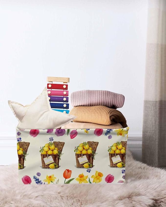 Spring Floral Storage Bins Cubes Waterproof Cloth Storage Basket, Watercolor Lemons Garden Flowers Farmhouse Foldable Storage Bags for Shelf Closet Clothes Organizers with Handles 15x11x9.5 in 1PCS