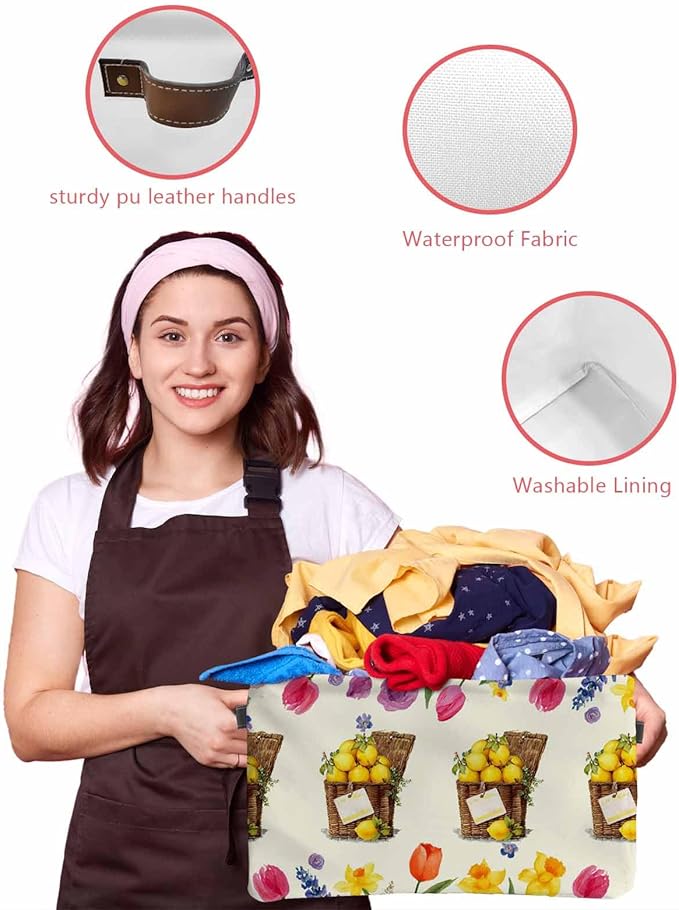 Spring Floral Storage Bins Cubes Waterproof Cloth Storage Basket, Watercolor Lemons Garden Flowers Farmhouse Foldable Storage Bags for Shelf Closet Clothes Organizers with Handles 15x11x9.5 in 1PCS