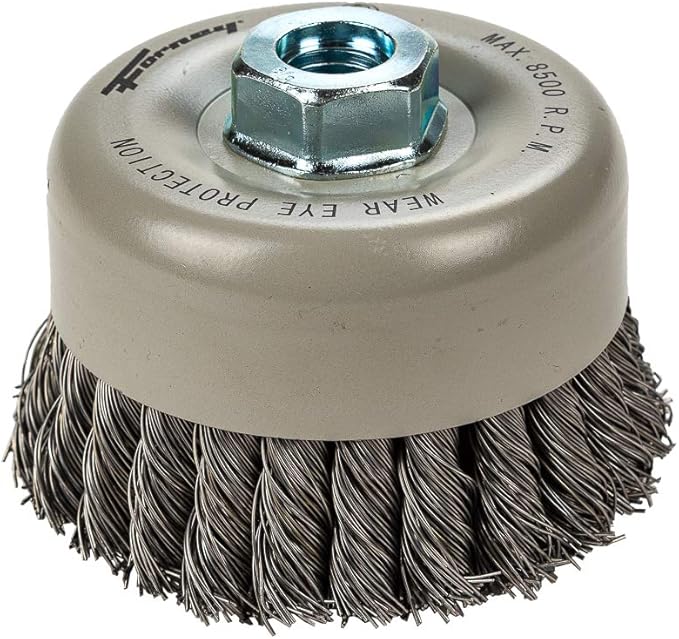 Forney 72868 Wire Cup Brush, Twisted/Knotted Wire, Double Row, Industrial Pro® 4" x .020" Wire with 5/8"-11 Arbor