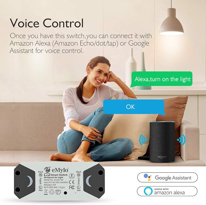 WiFi Switch, eMylo Smart Wireless Relay Module 2.4Ghz Wi-Fi Light Switch Basic Smart Remote Control Module Home Automation Timers Compatible with Alexa Echo Google Home 2 Pack