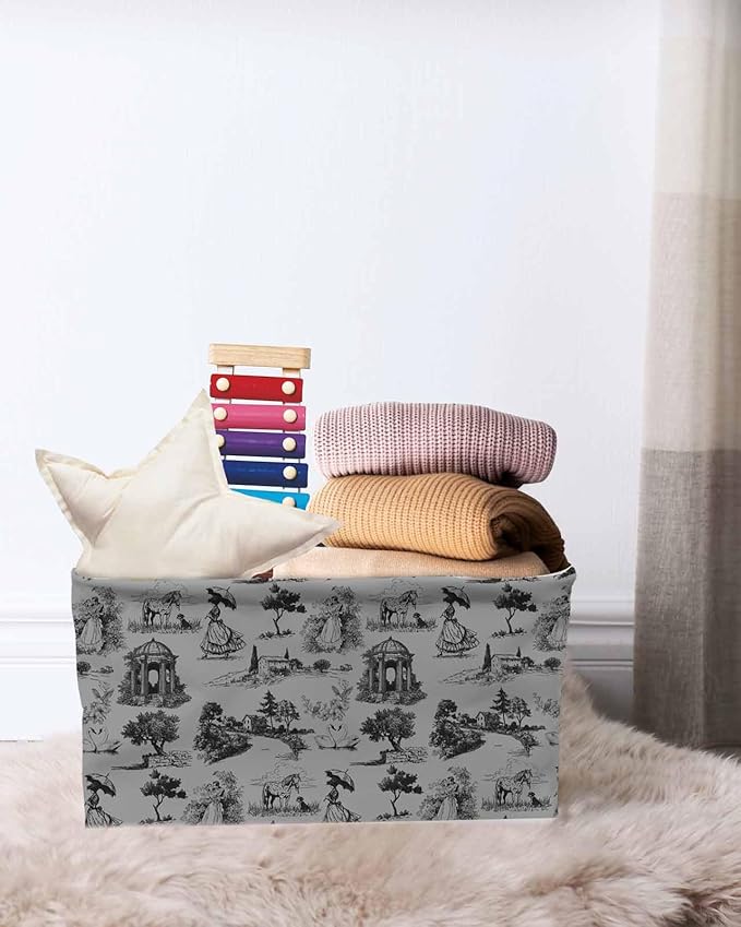 Farmhouse Country Storage Bins Cubes Waterproof Cloth Storage Basket, Vintage French Garden Horse Swan Foldable Storage Bags for Shelf Closet Clothes Organizers with Handles 15x11x9.5 in 2PCS