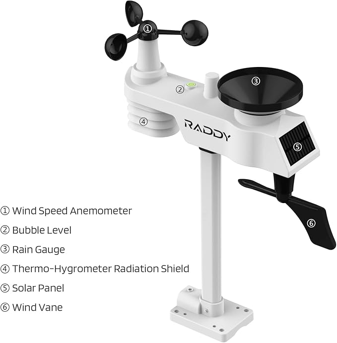Raddy WF-100C Lite Weather Station Wireless Indoor Outdoor with Temperature, Barometric, Humidity, Wind Gauge, Rain Gauge, Weather Forecast, Moon Phase, Alarm Clock for Home, Garden