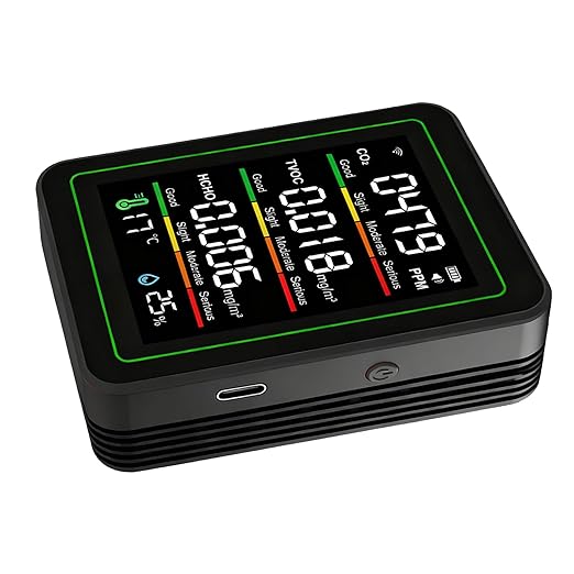 5 in 1 WiFi Air Quality Monitor, Portable Air Quality Tester, Smart Sensor with APP Remote Control & Color Screen, Ideal for CO2, HCHO, TVOC, Temperature & Humidity