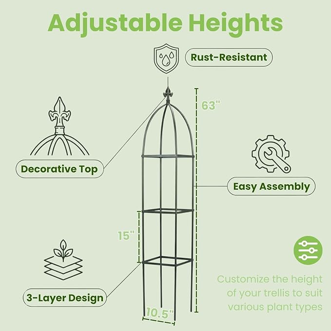 Lancisism 100% Metal Trellis for Climbing Plants Outdoor - Garden Metal Obelisk Trellis Vertical Plant Support for Climbing Vines & Flowers - Sturdy Steel Arch Trellis for Potted Plants Indoor Black