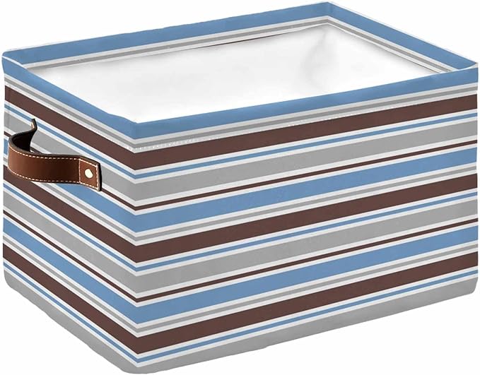 Blue Brown Striped Storage Bins Cubes Waterproof Cloth Storage Basket,Farmhouse Stripes Modern Abstract Art Foldable Storage Bags for Shelf Clothes Storages Organizers with Handles 15x11x9.5 in 1PCS