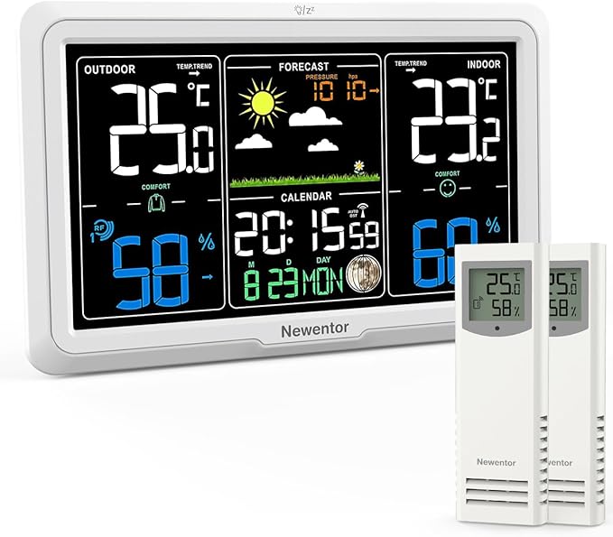 Newentor Weather Station Wireless Indoor Outdoor, Indoor Outdoor Thermometer Wireless, 7.5" Home Weather Stations with Atomic Clock, Temperature Humidity Gauge, Weather Forecast, White, 2 Sensors