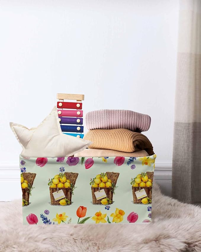 Spring Floral Storage Bins Cubes Waterproof Cloth Storage Basket, Watercolor Lemons Garden Flowers Rustic Green Foldable Storage Bags for Shelf Closet Clothes Organizers with Handles 15x11x9.5 in 1PCS