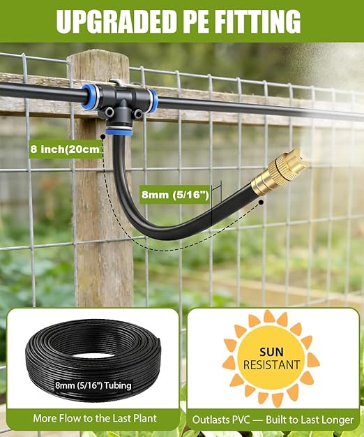 32FT Easy-Snap Garden Irrigation System for Raised Beds & Greenhouses, Upgraded 8mm (5/16") High-Flow PE Tubing with 10 Bendable 360° Copper Nozzles, Quick-Connect Plant Watering Kit