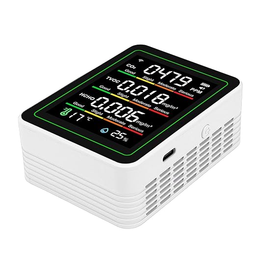 Jeffergarden Air Quality Meter, 5 in 1 WiFi CO2 TVOC HCHO Temperature Humidity Detector with APP Control for Smart Home, Indoor Portable Air Quality Monitor