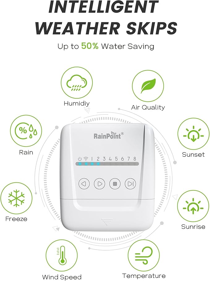 RAINPOINT Smart Sprinkler Controller, WiFi Sprinkler Controller 8 Zone-Local Weather Intelligence, Programmable Smart Irrigation System with APP Remote Control, Rain Skips, Rain Sensor Compatibility