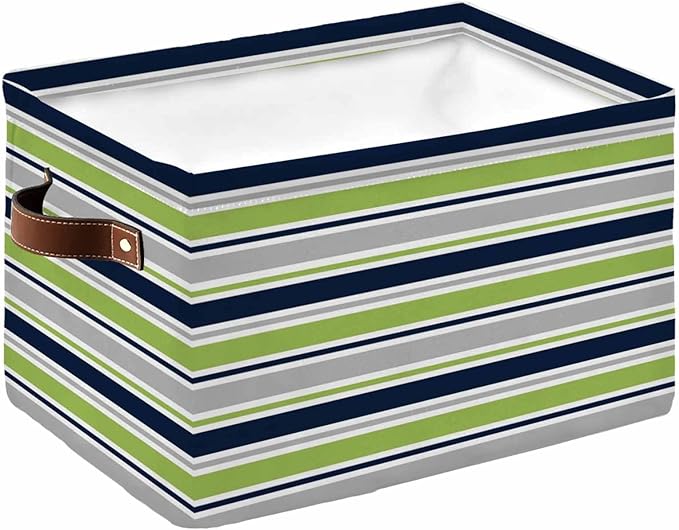 Green Gray Striped Storage Bins Cubes Waterproof Cloth Storage Basket,Farmhouse Stripes Modern Abstract Art Foldable Storage Bags for Shelf Clothes Storages Organizers with Handles 15x11x9.5 in 1PCS
