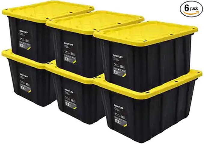 Ramtuff 6 Pack Heavy Duty Stackable Storage Container with Snap-Tight Lid, Resistant To Weather Organization Tote, 27 Gallon, Black and Yellow