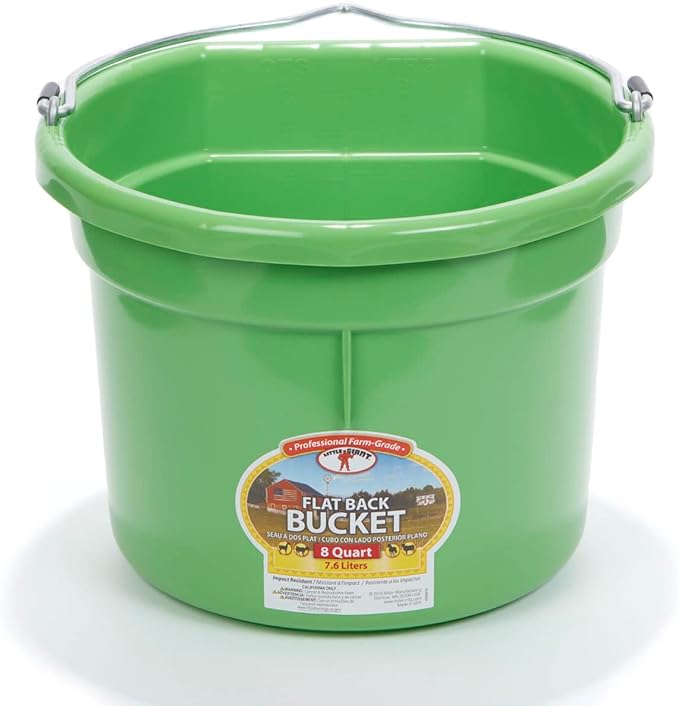 Little Giant® Flat Back Plastic Animal Feed Bucket | Animal Feed Bucket with Metal Handle | Horse Stall Feeding and Watering Supplies (Lime Green, 8 Quart)