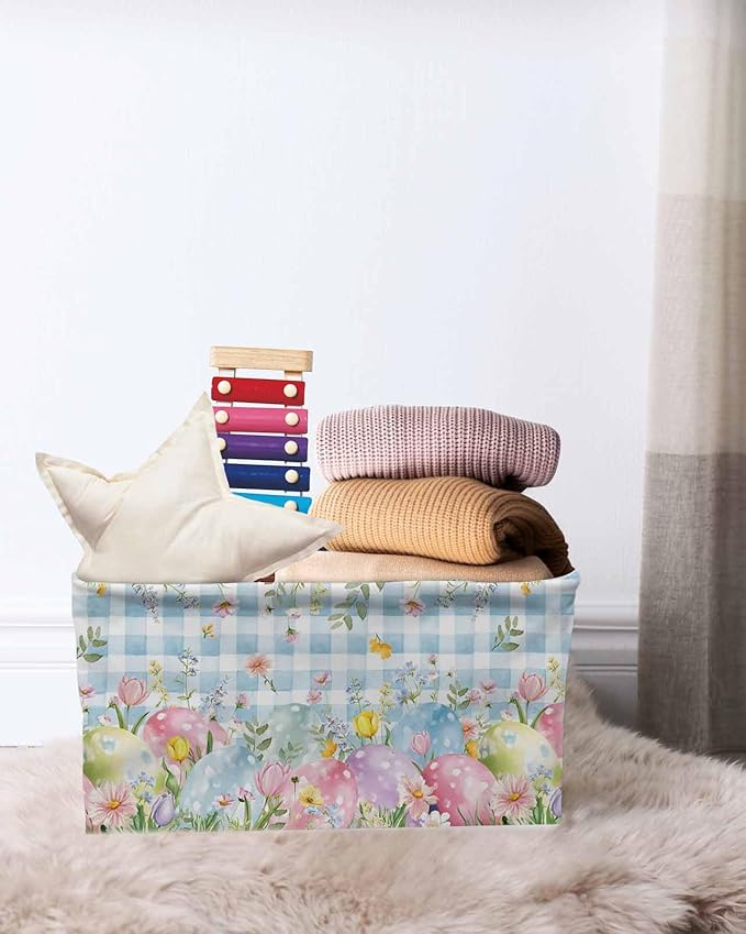Easter Eggs Storage Bins Cubes Waterproof Cloth Storage Basket,Spring Daisy Eucalyptus Leaves Blue Plaid Foldable Storage Bags for Shelf Clothes Storages Organizers with Handles 15x11x9.5 in 1PCS