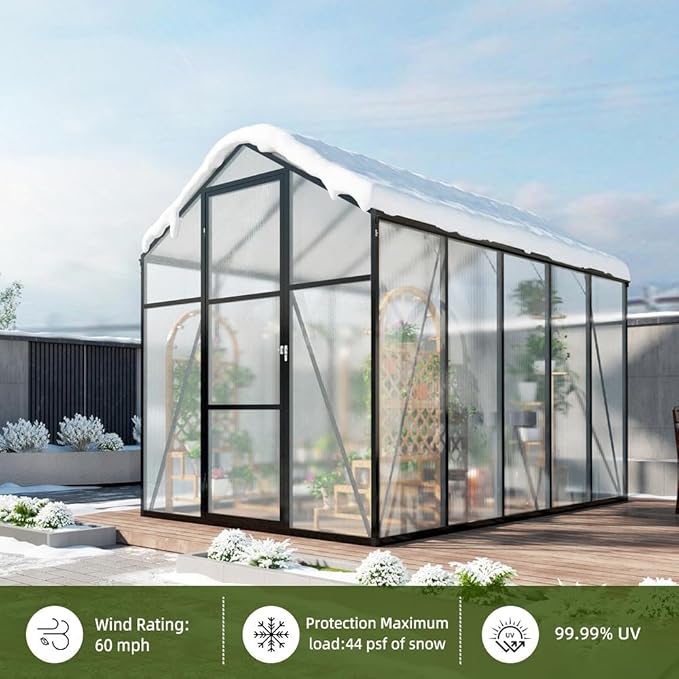 7.2FT High 6*8.2FT Greenhouse for Outdoors,Polycarbonate Greenhouse with Stronger Wind Protection and Roof Vent,Walk-in Large Aluminum Sunroom Winter Proof,Black
