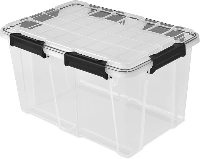54 Quart Waterproof Clear Plastic Storage Bin with Gasket Seal & Durable Latches – Large Gasket Box for Home Organization, Black