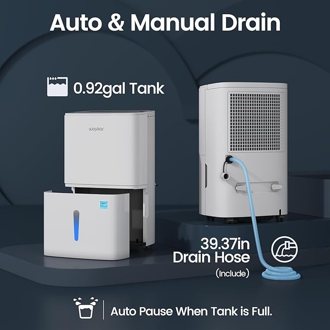 Waykar 120 Pints 2025 Energy Star Home Dehumidifier for Spaces up to 6,000 Sq. Ft, Ideal for Basement, Bathroom and Large Room with Drain Hose, Portable, Auto Defrost and Self-Drying