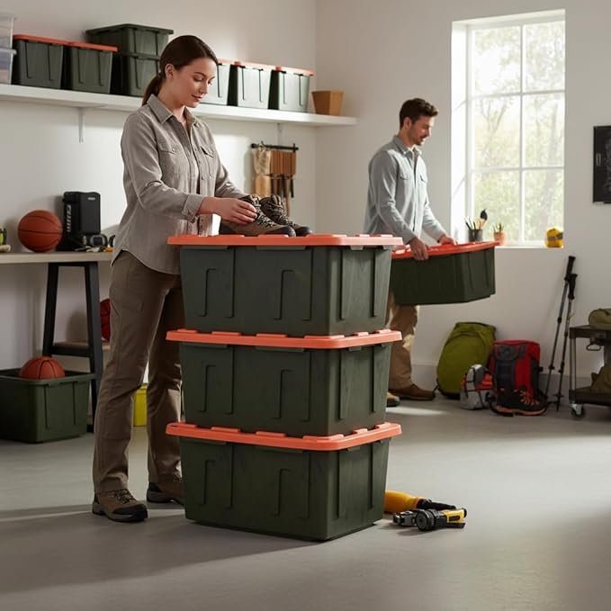 27 Gallon Heavy Duty Storage Container with Lid, Plastic, Durable and reusable, used indoor and outdoor, 20.6" D x 30.6" W x 14.3" H, 4 Pack Or 8 Pack ! (Orange and Camo, 4 Pack)
