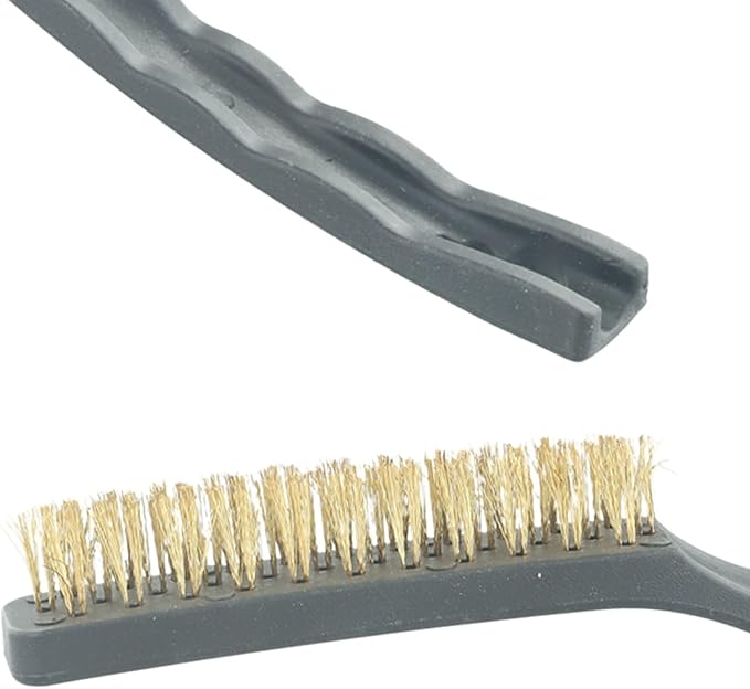 Heavy Duty Mini Wire Brush Set for Rust Removal Engine Cleaning Upholstery and Plastic Surfaces – Steel Brass Nylon Brushes with 9 Inch Handle(Brass)