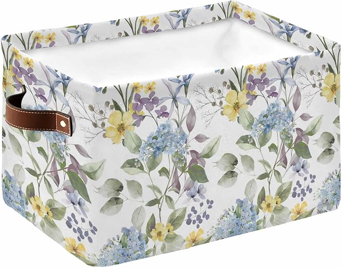 Vintage Spring Floral Storage Bins Cubes Waterproof Cloth Storage Basket, Farmhouse Flowers Watercolor Foldable Storage Bags for Shelf Closet Clothes Storages Organizers with Handles 15x11x9.5 in 1PCS