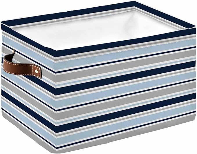 Navy Blue Gray Striped Storage Bins Cubes Waterproof Cloth Storage Basket,Farmhouse Stripes Modern Abstract Art Foldable Storage Bags for Shelf Storages Organizers with Handles 15x11x9.5 in 1PCS