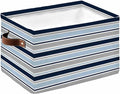 Navy Blue Gray Striped Storage Bins Cubes Waterproof Cloth Storage Basket,Farmhouse Stripes Modern Abstract Art Foldable Storage Bags for Shelf Storages Organizers with Handles 15x11x9.5 in 1PCS