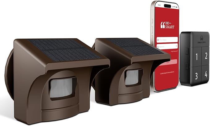 eMACROS Pro 4 Smart Solar Driveway Alarm (2.4G Wi-Fi Only) - App Push Notifications, 1/2 Mile Wireless Range Motion Sensor & Rechargeable Base Station with 3-Day Backup (1 Base & 2 Sensors)