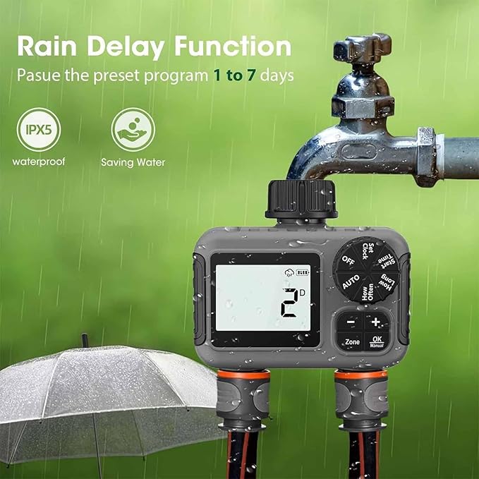 ERICAT 2 Zone Sprinkler Timer Automatic Irrigation Water Timer, Programmable Garden Hose Water-Saving Irrigation Controller with Digital Display and Electronic Lock, Stable Operation, for Yard