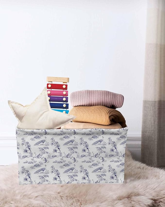 Farmhouse Monkey Storage Bins Cubes Waterproof Cloth Storage Basket, Vintage Blue Plants Rustic Turtles Peacock Foldable Storage Bags for Shelf Closet Clothes Organizers with Handles 15x11x9.5 in 2PCS