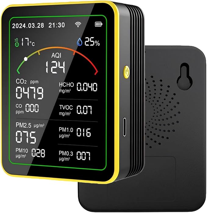 Eujgoov Air Quality Detector, 15 in 1 WiFi APP Control CO2 HCHO TVOC PM2.5 PM10 Temperature Humidity Monitor, with Smart Timer and Real Time Data, for Indoor Air Quality Tester (Black Yellow)