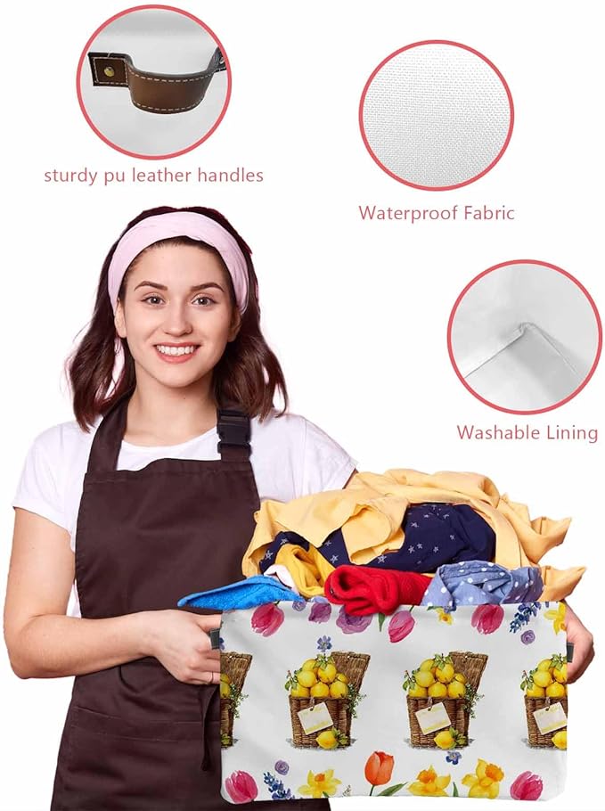 Spring Floral Storage Bins Cubes Waterproof Cloth Storage Basket, Watercolor Lemons in Basket Garden Flowers Foldable Storage Bags for Shelf Closet Clothes Organizers with Handles 15x11x9.5 in 1PCS