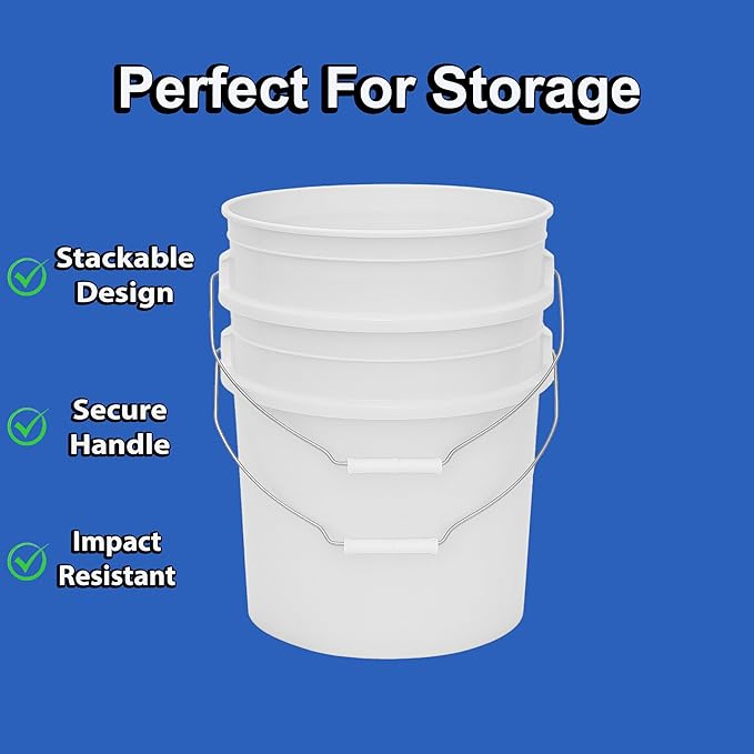 MKS Plastics 5-Gallon Bucket with Airtight Lid – Made in USA, Food Grade BPA Free Plastic, Heavy Duty Multi-Use, Metal Handle with Grip, Stackable Storage – Natural, 1 Pack