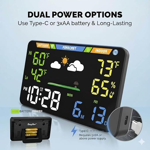 EnvyBox WiFi Weather Station 8.5" LED Display | No App Required, Syncs Weather & Calendar, Dual Power, Privacy Focused, Black
