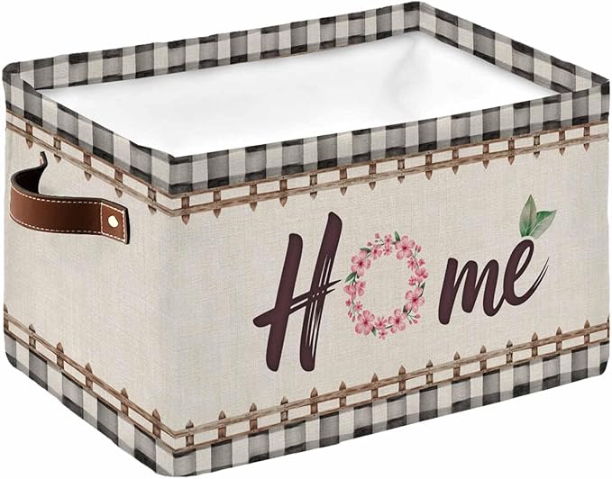 Spring Flowers Storage Bins Cubes Waterproof Cloth Storage Basket,Vintage Watercolor Black Plaid on Linen Foldable Storage Bags for Shelf Clothes Storages Organizers with Handles 15x11x9.5 in 1PCS