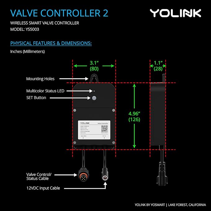YoLink Wireless Smart Valve Control Kit, 1" Brass Motorized Valve, Wireless Controller 2, LoRa Long Range, D2D Offline with Leak Sensors, 12V Adapter with 2 Years Battery Backup