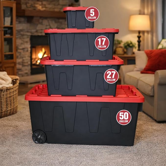 6 Pack, 27 Gallon Large Storage Bin with Snap Lid, Heavy Duty Plastic Storage Container, Black and Red