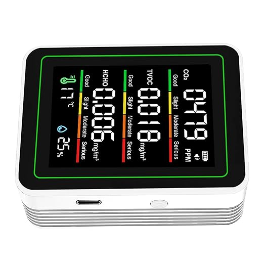 Jeffergarden Air Quality Meter, 5 in 1 WiFi CO2 TVOC HCHO Temperature Humidity Detector with APP Control for Smart Home, Indoor Portable Air Quality Monitor