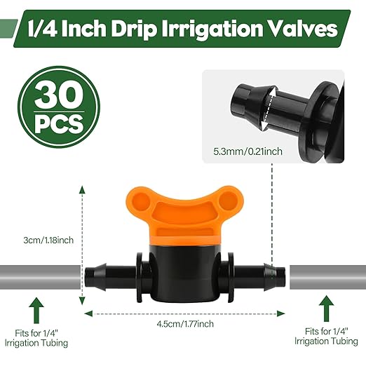 Kalolary 1/4" Drip Irrigation Valves, 30PCS Drip Line Barbed Valves Fittings Garden Shut Off Switch Valve for 4/7mm Tube Water Flow Control Drip Line Parts Cut Off Valve for Watering System (Orange)