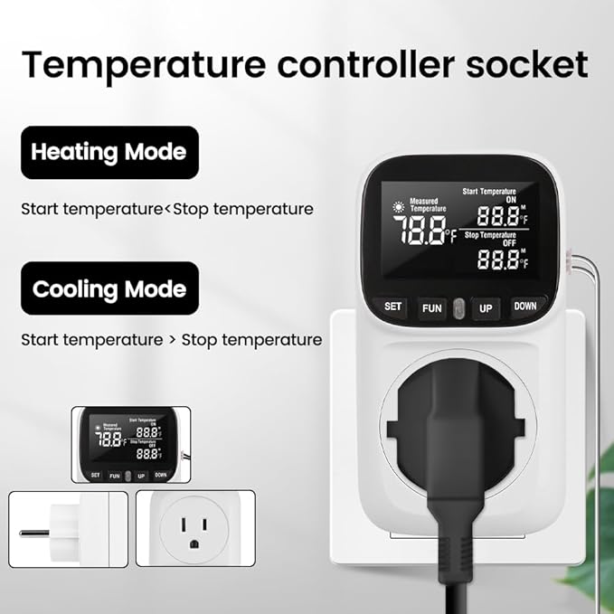 Diymore Digital Plug in Thermostat Outlet Temperature Controller Electric Digital Thermostat Heating Cooling Mode Timer Socket 120V Heating Cooling Control 110V 15A Celsius Fahrenheit Display, White