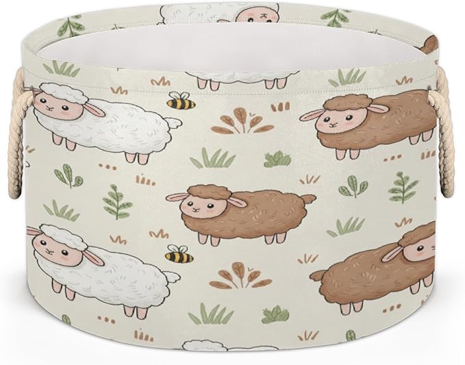 Large Storage Baskets - Farm Animal Sheep Nursery Round Organizer Bin Box, Collapsible Laundry Hamper for Kids Toys, Blanket, Bedroom Living Room Home Decor, Gift Basket, 19.4"x13.3"