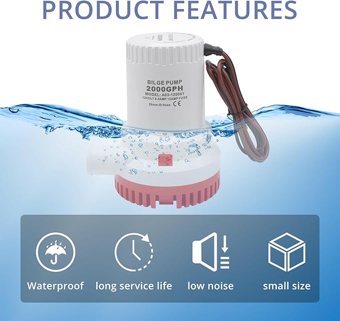 HXH 2000 GPH Bilge Pump Kit for Boats 12V, with PVC Bilge Pump Hose 1-1/8-Inch,2 PCS Stainless Steel Hose Clamps and Thru-Hull Fitting Set, for Marine, Yachts, Live Well Kit for for Cruisers