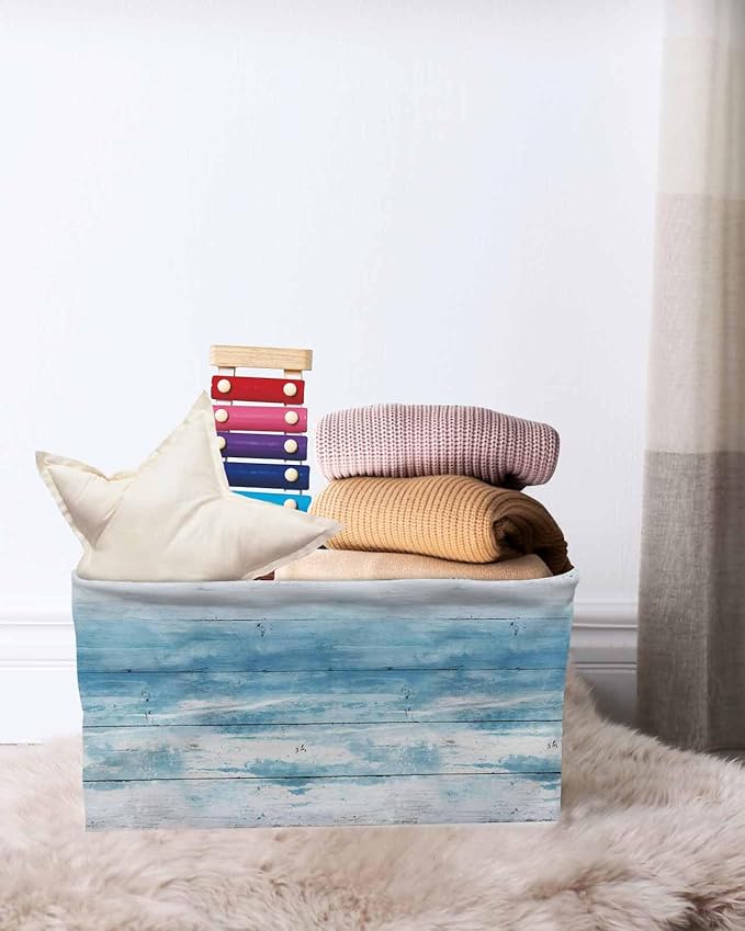 Summer Blue Ocean Storage Bins Cubes Waterproof Cloth Storage Basket, Farmhouse Wooden Grain Modern Art Foldable Storage Bags for Shelf Closet Clothes Organizers with Handles 15x11x9.5 in 1PCS