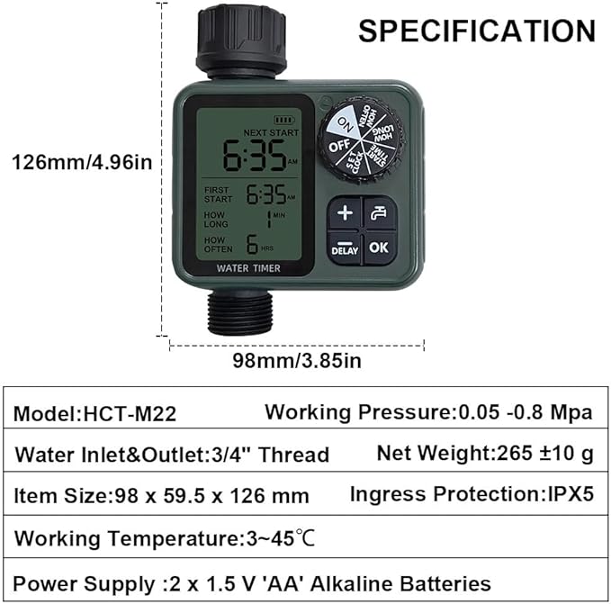 Water Timer for Outdoor Garden Hose Programmable Water Timer with Rain Delay/Manual/Automatic Watering System，Automatic Drip Irrigation Controller System for Lawn Yard Garden Watering，1 Outlet