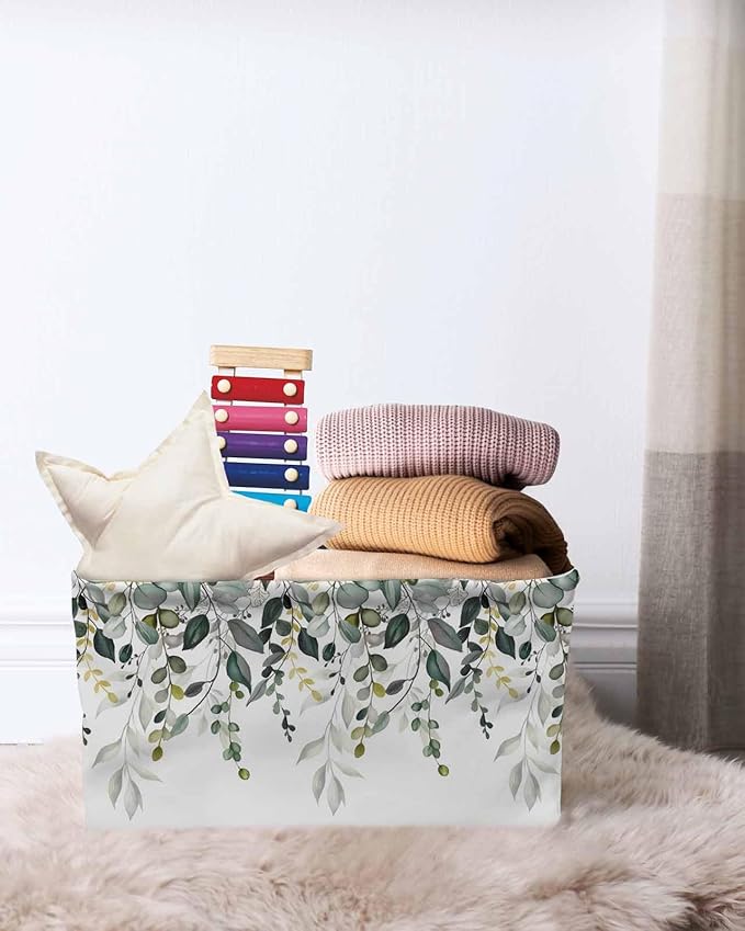 Green Eucalyptus Storage Bins Cubes Waterproof Cloth Storage Basket,Watercolor Spring Weeping Botanical Foldable Storage Bags for Shelf Clothes Storages Organizers with Handles 15x11x9.5 in 2PCS