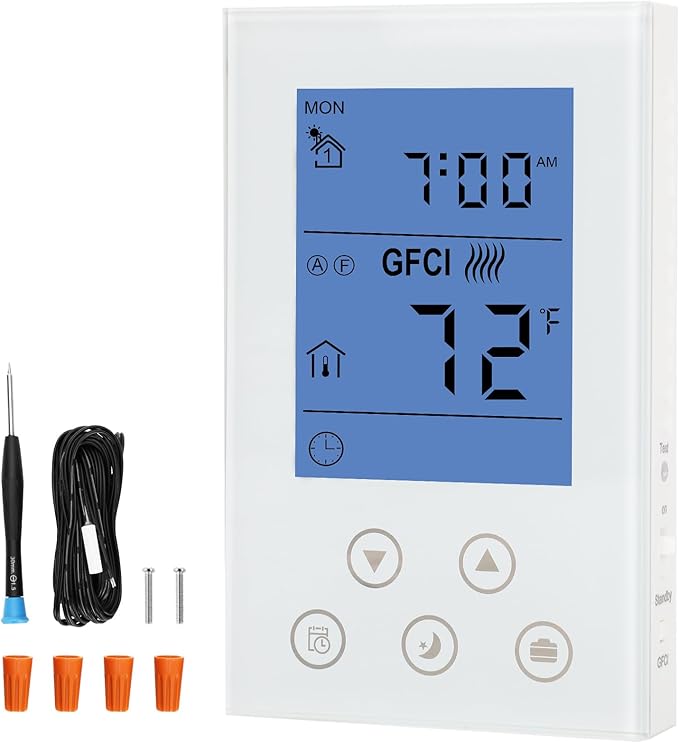 7-Day Programmable Thermostat for House Radiant Underfloor Heating,Home Floor Heating Controller,Adaptive AC Voltage(120/240V),Dual Sensing(Air&Floor Sensor) Built-in Class A GFCI,LED Backlit Display